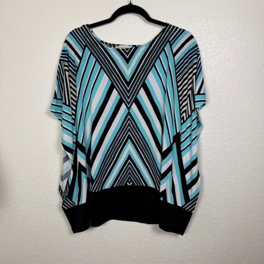 Michael Kors Geometric‎ Poncho Blouse Short Sleeve Banded Turquoise Black Large
